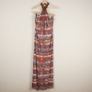 Sky Brand Pamela Maxi Multi Color Paisley Braided Suede Collar Dress Womens M
